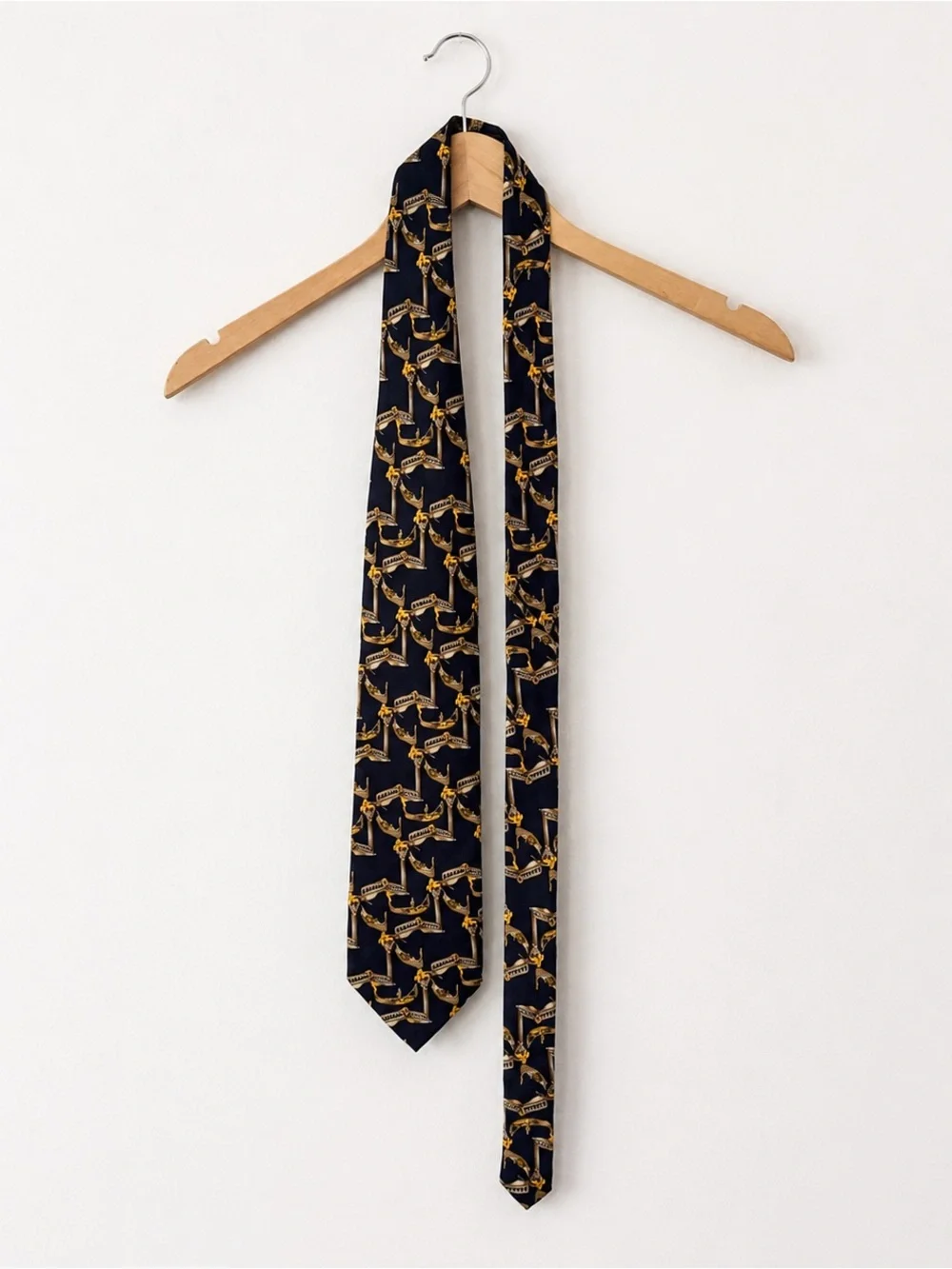 Vintage Italian Venice Gondola Scenic Necktie Navy Gold Novelty 100% Silk Tie
